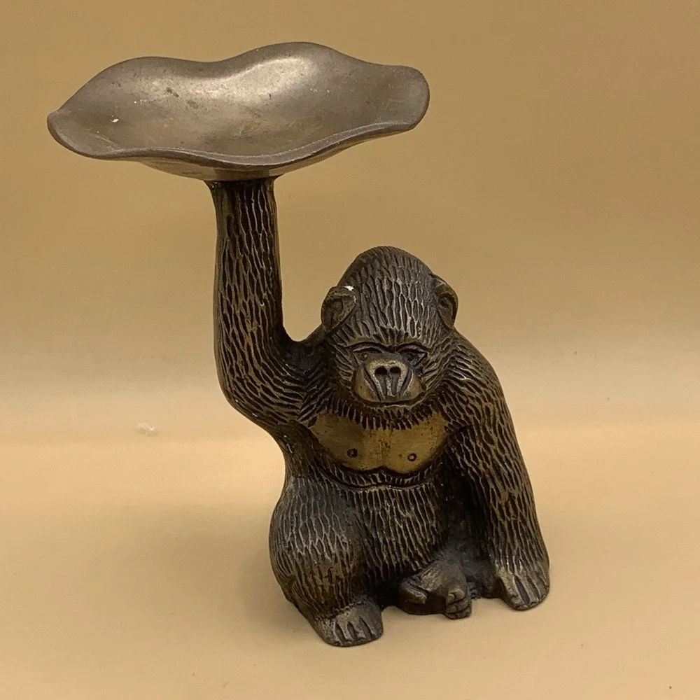 Vintage Brass Gorilla Monkey Butler Figurine w/Trinket Dish Tray